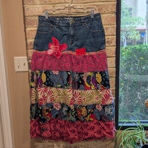 Upcycled Boho Patchwork Denim Maxi Skirt - Multicolor